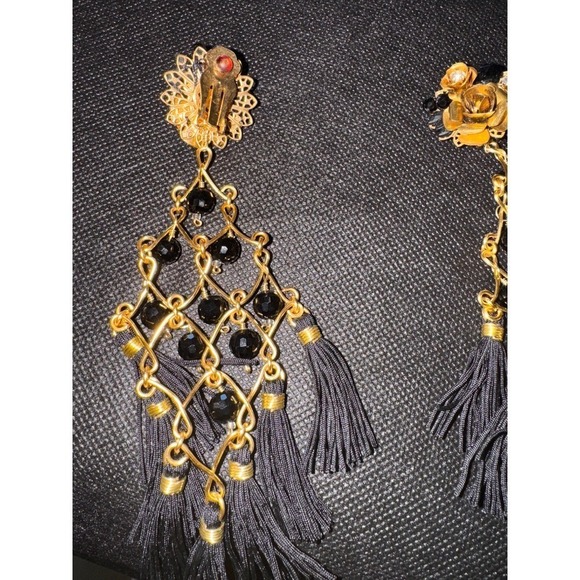 Statement Earrings Black Beaded Tassel Dangle Clip On Gold Rose Party - Picture 5 of 6